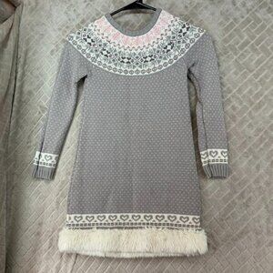 Miss Mona Mouse Girls 6 Sweater Dress Gray Fair Isle Hearts Faux Fur